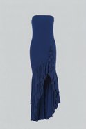 Elegant blue strapless dress with asymmetrical ruffle by Lumina Wear, featuring a fitted bodice and flowing skirt.