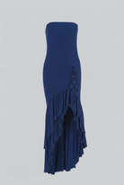 Elegant blue strapless dress with asymmetrical ruffle by Lumina Wear, featuring a fitted silhouette and stylish design.