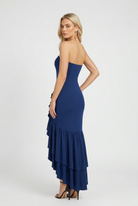 Elegant blue strapless dress with asymmetrical ruffle from Lumina Wear, featuring a stylish and sophisticated design.