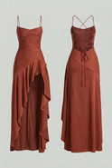 Victoria brick red dress with lace-up back from Lumina Wear, featuring a fitted silhouette and elegant design.