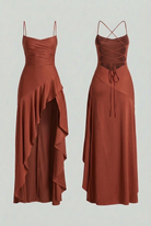Victoria brick red dress with lace-up back by Lumina Wear, featuring elegant design and fitted silhouette.