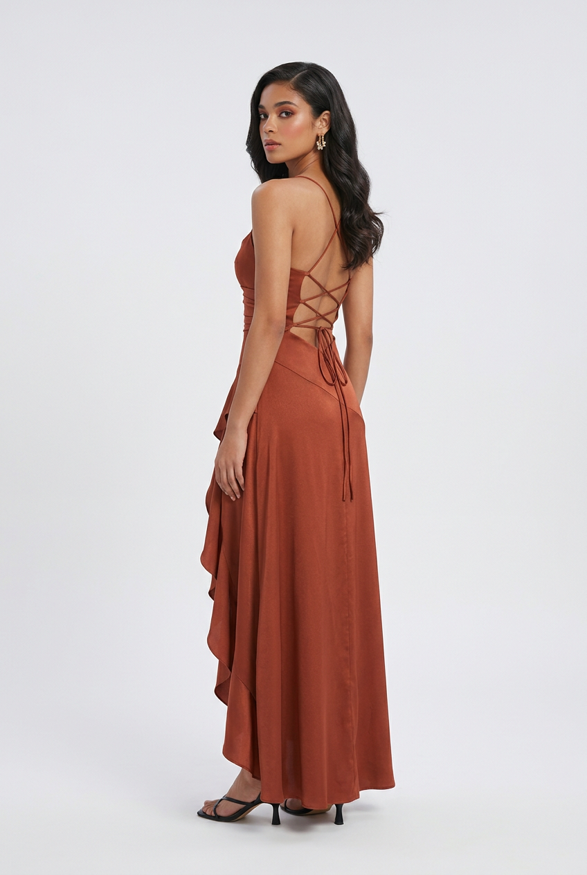 Victoria brick red dress with lace-up back by Lumina Wear, featuring elegant design and fitted silhouette.
