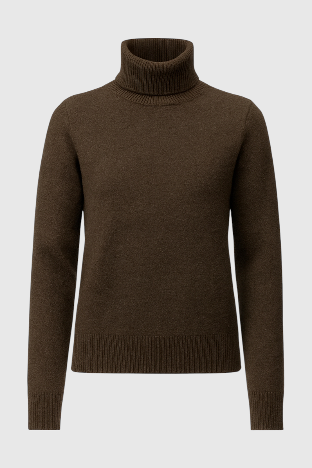 Elegant brown turtleneck sweater by Lumina Wear, slim fit design, showcasing cozy knit fabric and stylish fit.
