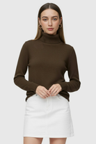 Elegant brown turtleneck sweater by Lumina Wear, slim fit design, displayed on a mannequin.