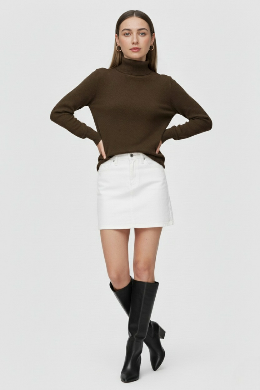 Victoria brown turtleneck sweater by Lumina Wear, slim fit design, cozy knit with long sleeves, ideal for stylish winter wear.