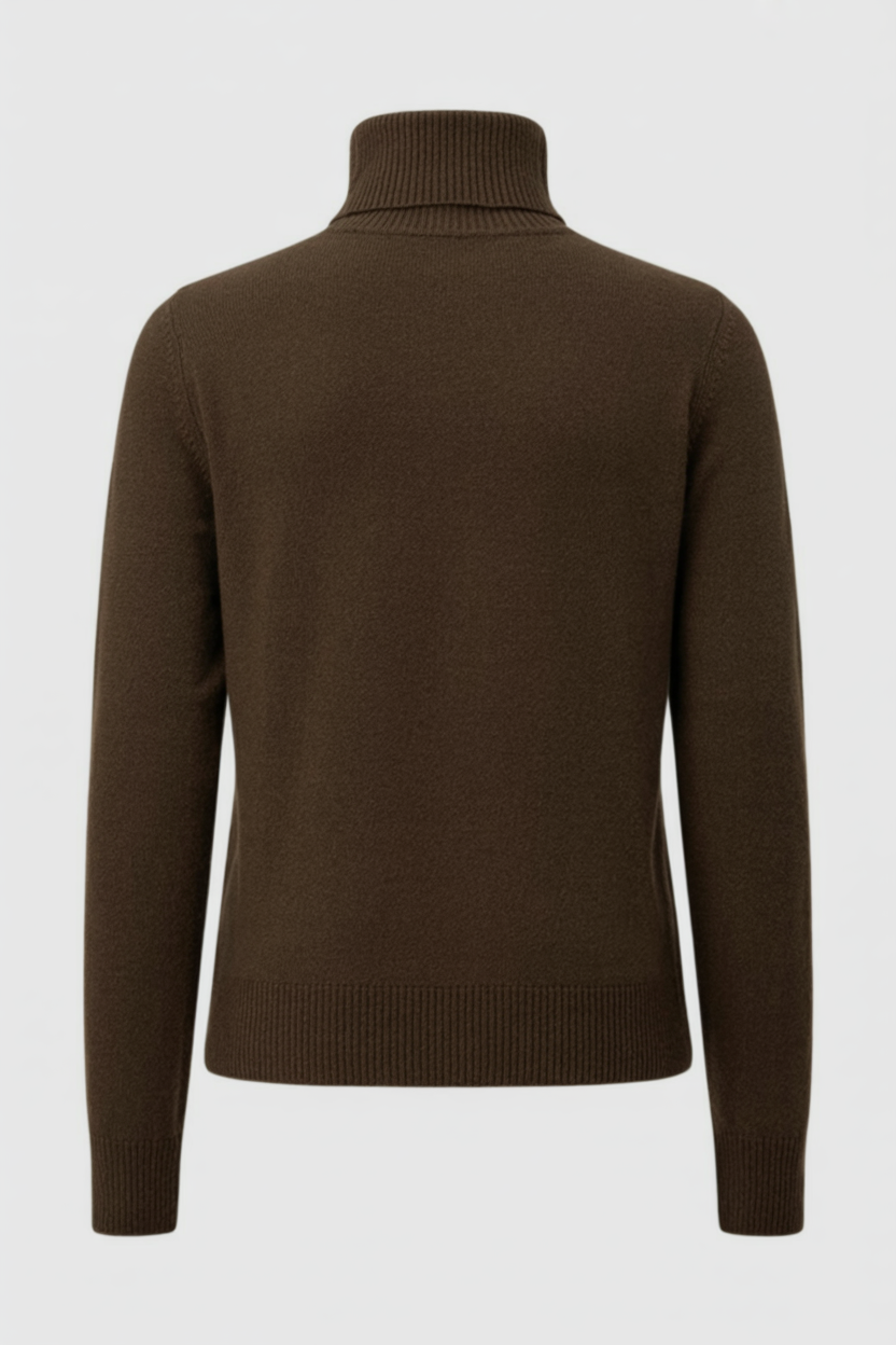 Elegant brown turtleneck sweater by Lumina Wear featuring a slim fit, showcased on a neutral background.