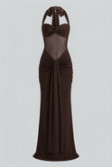 Elegant dark brown halter cocktail dress by Lumina Wear, featuring a flattering silhouette and stylish design.