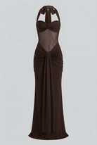 Dark brown halter cocktail dress from Lumina Wear featuring an elegant silhouette and flattering fit, perfect for formal occasions.