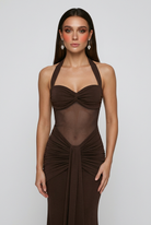 Elegant dark brown halter cocktail dress by Lumina Wear, featuring a flattering silhouette and stylish design.