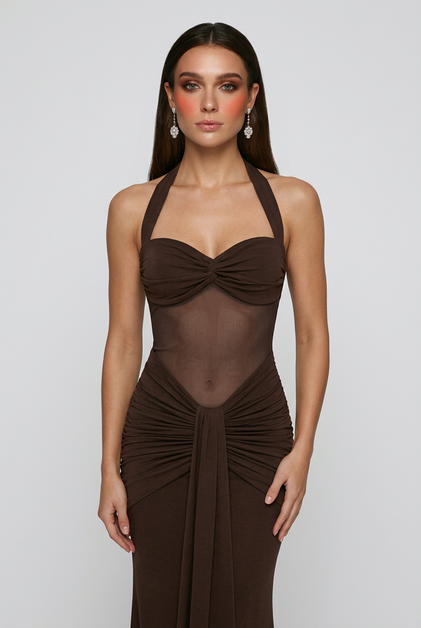 Elegant dark brown halter cocktail dress by Lumina Wear, featuring a flattering silhouette and stylish design.