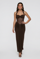 Elegant dark brown halter cocktail dress by Lumina Wear, showcasing a flattering silhouette and stylish design.