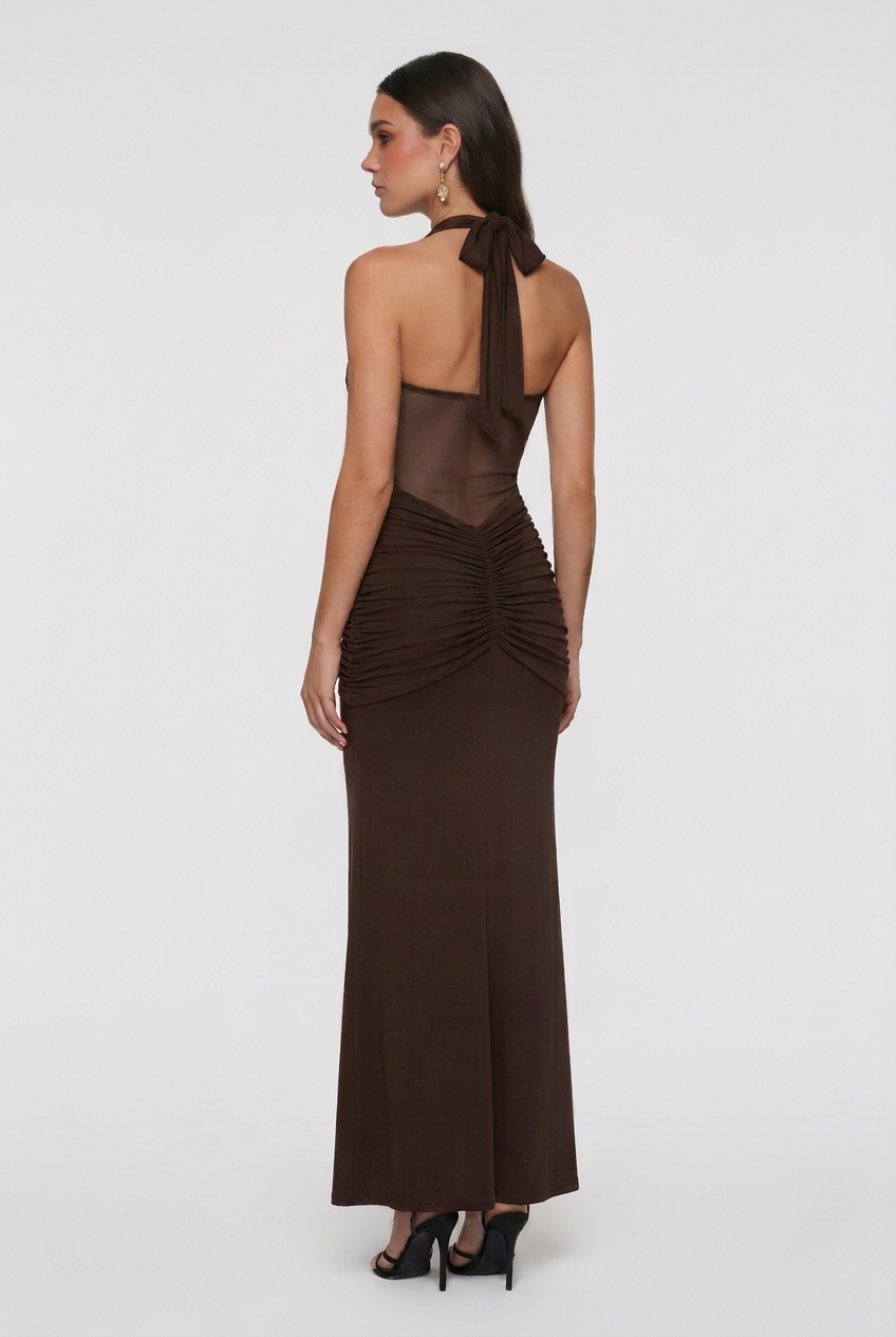 Dark brown Victoria halter cocktail dress by Lumina Wear featuring an elegant silhouette and flattering fit.