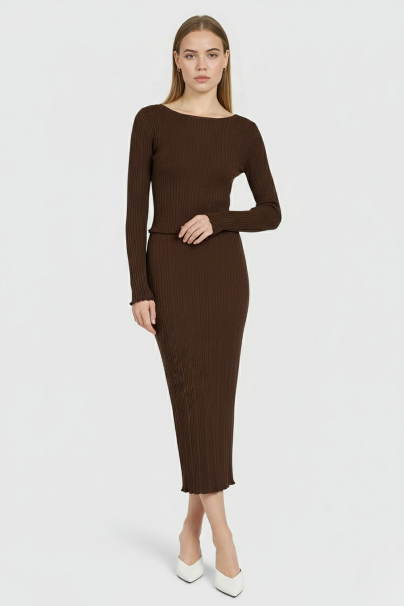 Elegant dark brown maxi skirt set by Lumina Wear featuring a flattering fit and stylish design, perfect for sophisticated looks.