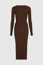 Elegant dark brown maxi skirt set by Lumina Wear featuring a flattering fit, perfect for stylish, comfortable wardrobe wear.