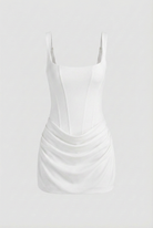 Elegant white Victoria mini dress by Lumina Wear featuring draped fabric and hourglass silhouette for women's fashion.