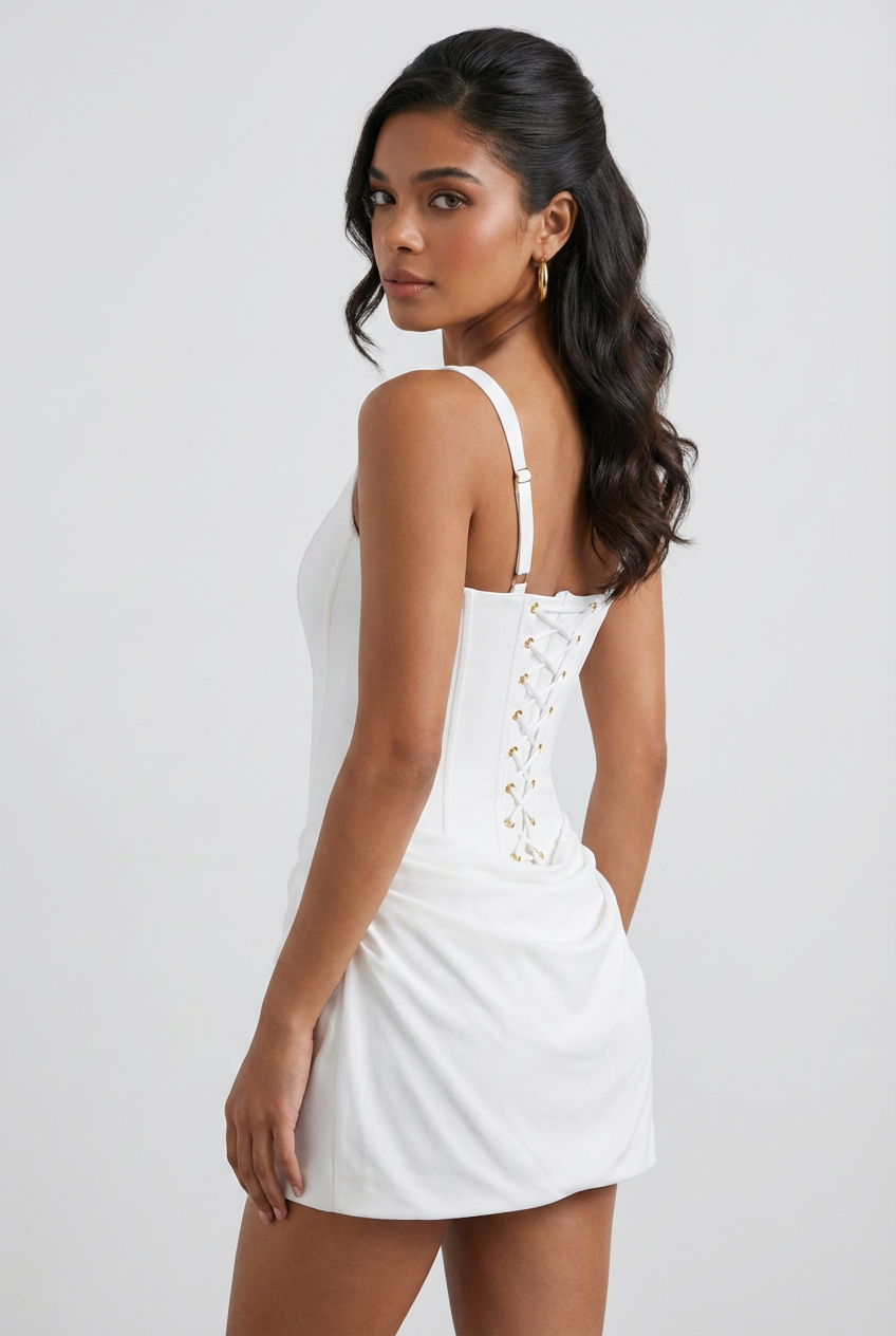 White Victoria Lumina Wear elegant draped mini dress with hourglass silhouette, perfect for stylish women's fashion.