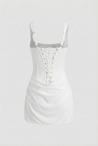 White Victoria Lumina Wear elegant draped mini dress showcasing an hourglass silhouette for women's fashion.