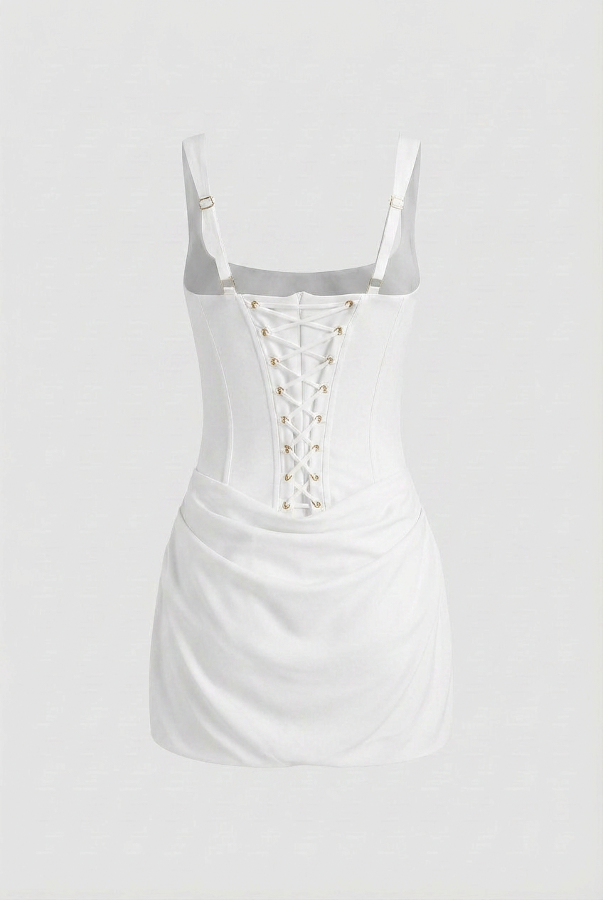 White Victoria Lumina Wear elegant draped mini dress showcasing an hourglass silhouette for women's fashion.