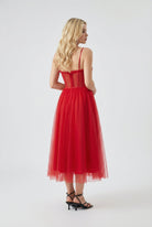 Red Victoria Lumina Wear elegant flowy A-line midi dress with a fitted bodice and flared skirt, perfect for stylish occasions.