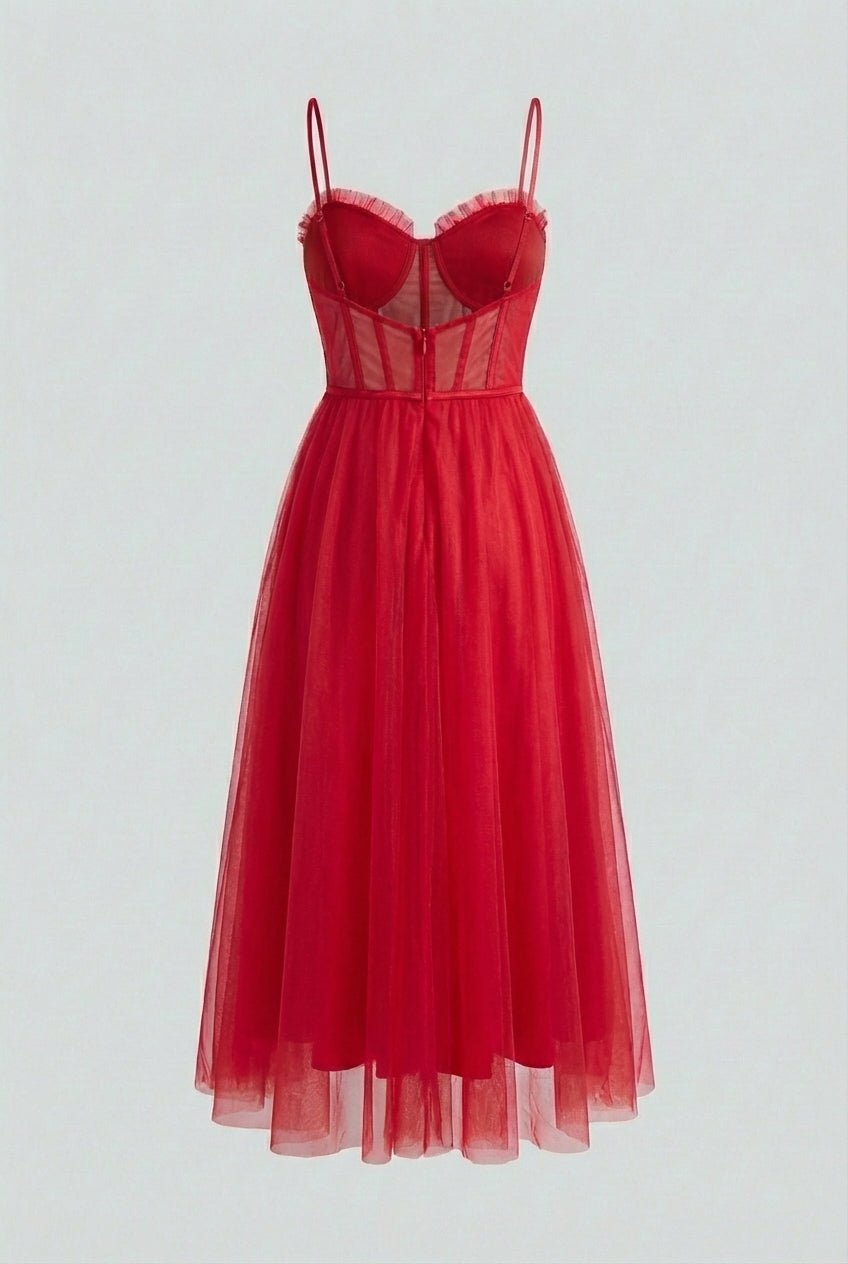Red Victoria Lumina Wear elegant flowy A-line midi dress displayed on a hanger with soft fabric folds.