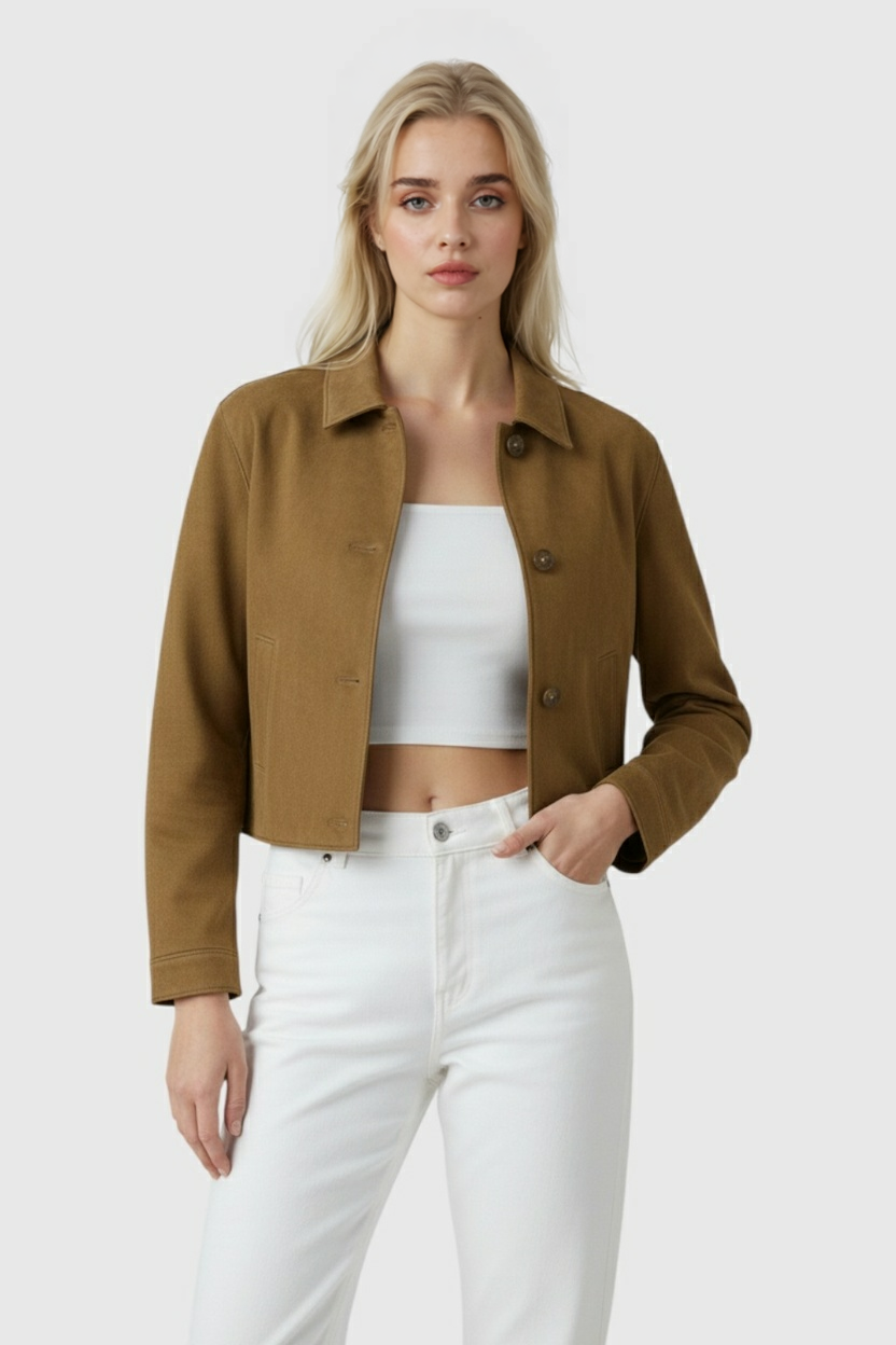 Women's Victoria casual jacket with elegant French collar, long sleeves, in brown, by Lumina Wear, stylish and comfortable.