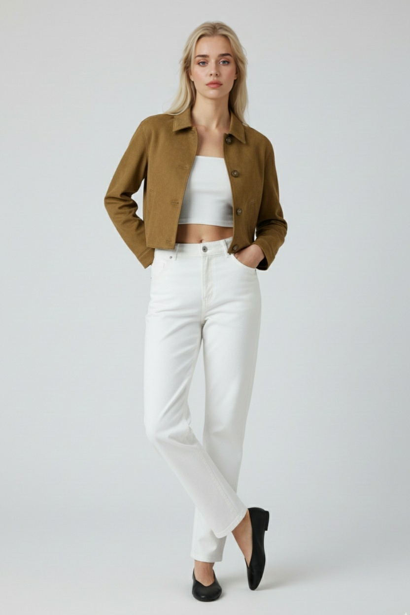 Brown women's casual jacket with elegant French collar and long sleeves by Lumina Wear, stylish and comfortable for everyday wear.