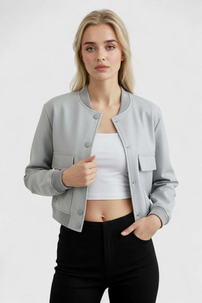 Lumina Wear Victoria gray bomber jacket with a timeless design, featuring a stylish fit and modern details.