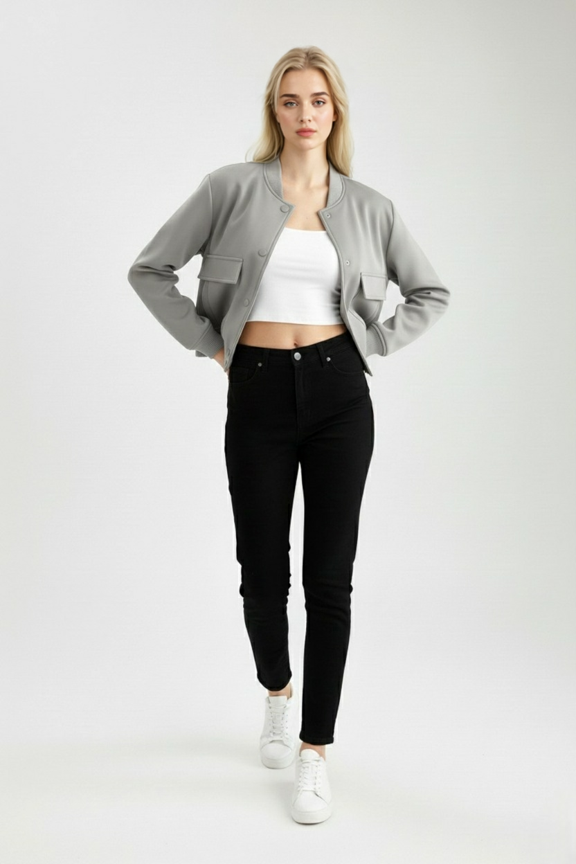 Elegant gray Lumina Wear bomber jacket with timeless design, shown on a hanger with a sleek, modern silhouette.