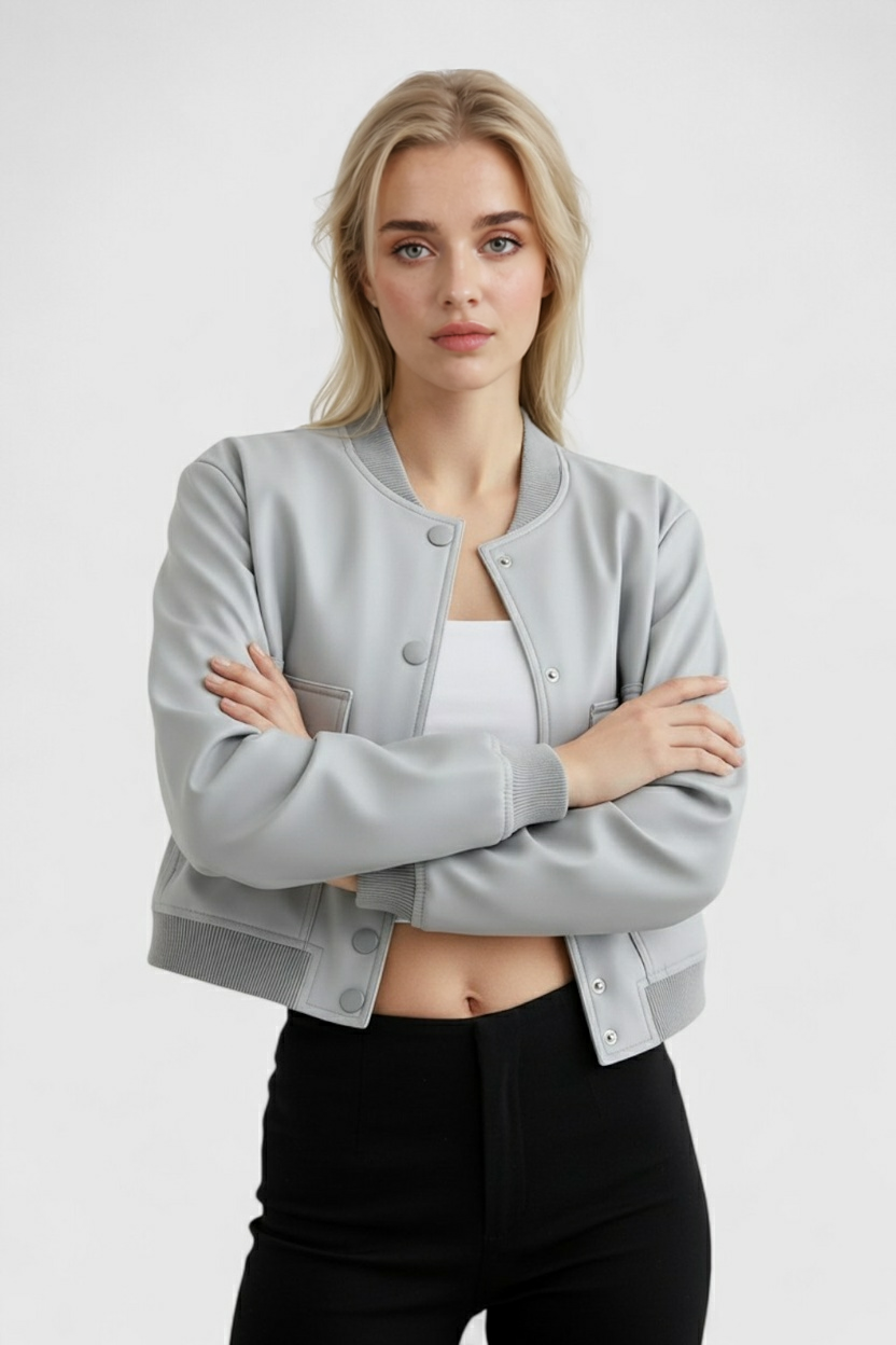 Elegant gray Lumina Wear bomber jacket featuring a timeless design, shown on a model with a stylish, modern fit.