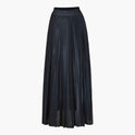 Gold high-waist pleated maxi skirt by Lumina Wear, elegant design with flowing fabric and sophisticated style.
