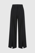 Elegant black high-waisted trousers with pleats from Lumina Wear, tailored fit, showcasing stylish formal pants for women.