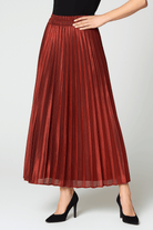 Gold high-waisted pleated maxi skirt for women by Lumina Wear, elegant and flowing, perfect for stylish outfits.