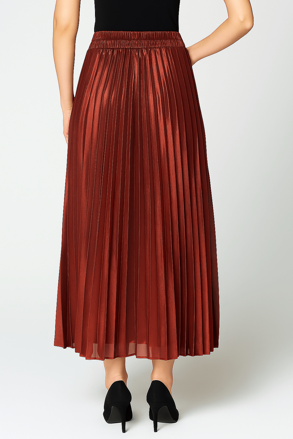 Gold high-waisted pleated maxi skirt for women by Lumina Wear, elegantly flowing with a sophisticated design.