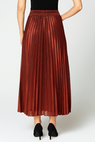 Gold high-waisted pleated maxi skirt for women by Lumina Wear, elegantly flowing with a sophisticated design.