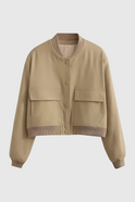 Victoria Lumina khaki bomber jacket with a loose fit, featuring a stylish and elegant design, perfect for casual wear.