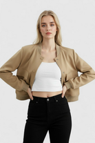 Victoria Khaki Bomber Jacket from Lumina Wear, loose fit, stylish casual jacket with a modern silhouette.