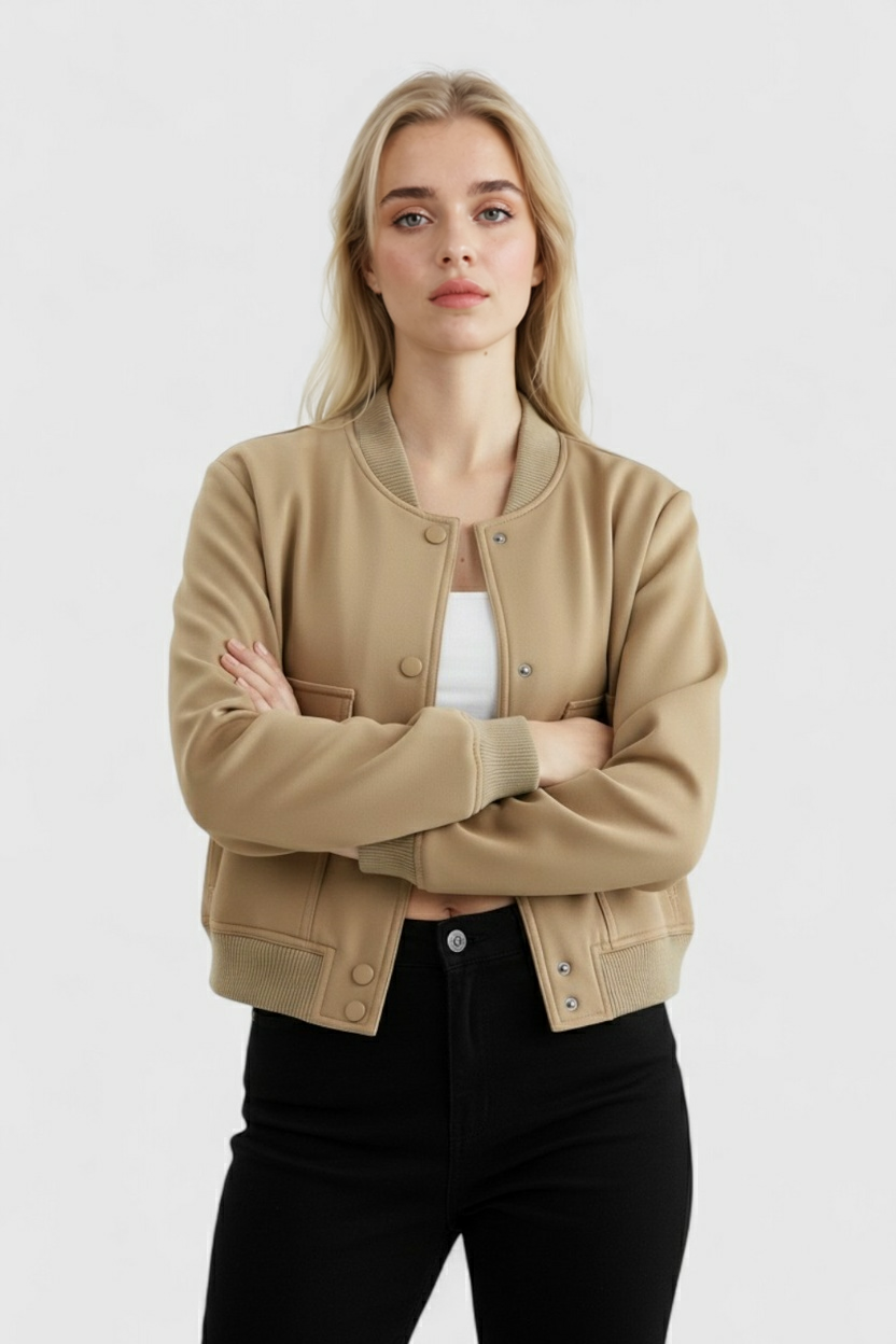 Victoria Lumina Wear khaki bomber jacket with loose fit, stylish and elegant women's jackets, full view of the jacket.