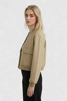 Victoria Khaki Bomber Jacket by Lumina Wear featuring a loose fit and elegant style, shown in a natural khaki color.