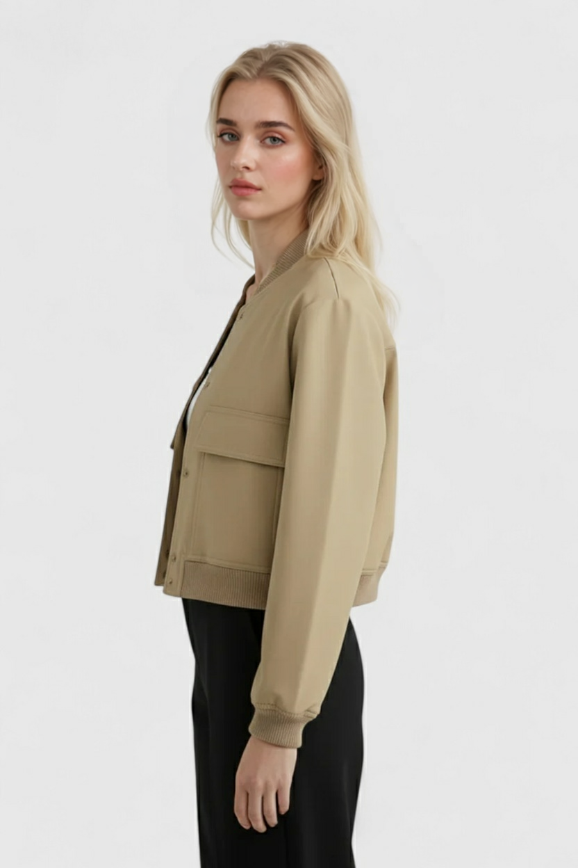 Victoria Khaki Bomber Jacket by Lumina Wear featuring a loose fit and elegant style, shown in a natural khaki color.