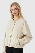 Lumina Wear Victoria khaki short jacket with O-neck, long sleeves, and elegant style for women.