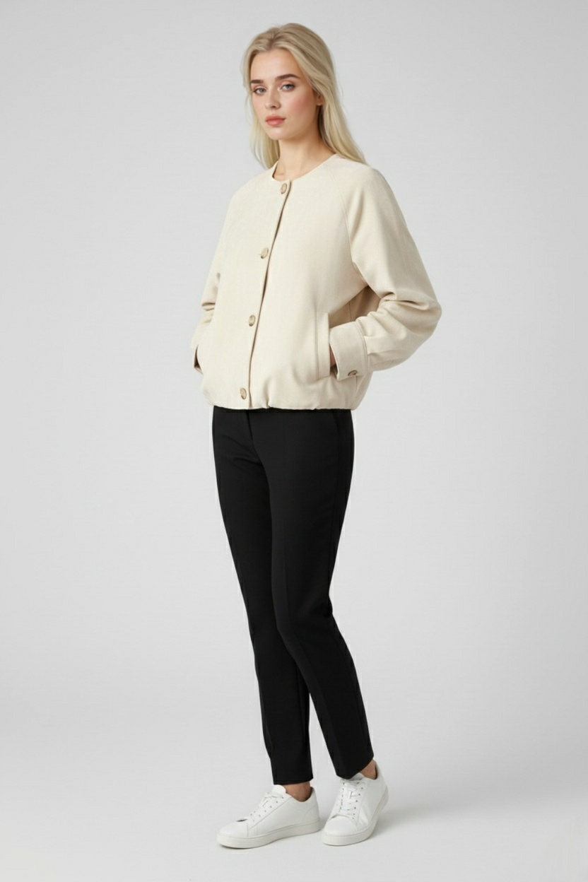 Victoria Khaki short jacket with O-neck and long sleeves from Lumina Wear, stylish women's jacket perfect for casual wear.