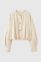 Lumina Wear Victoria khaki short jacket with O-neck and long sleeves, stylish women's jacket perfect for casual wear.