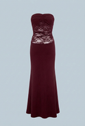 Victoria elegant lace mermaid wedding dress with corset back by Lumina Wear, in wine red, featuring intricate lace details and fitted silhouette.