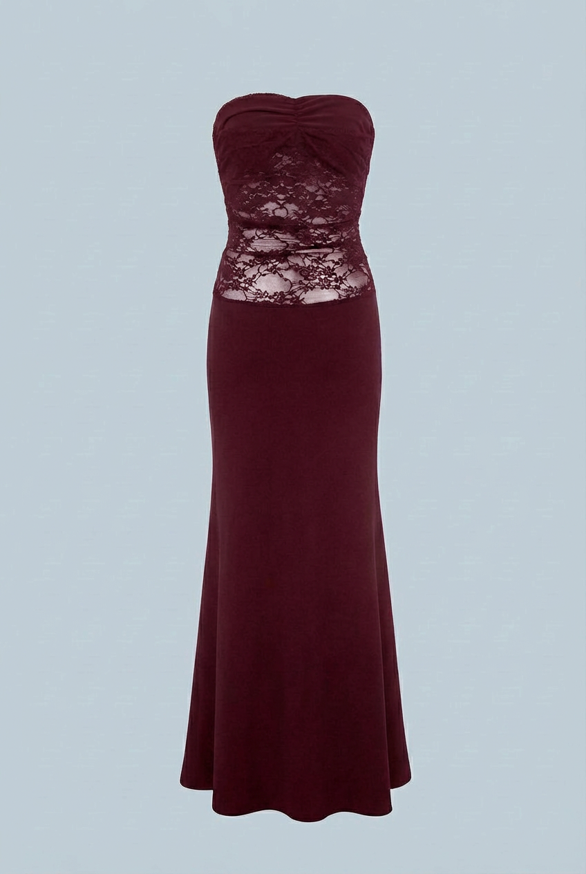 Wine red Victoria wedding dress by Lumina Wear featuring elegant lace, mermaid silhouette, and a corset back.