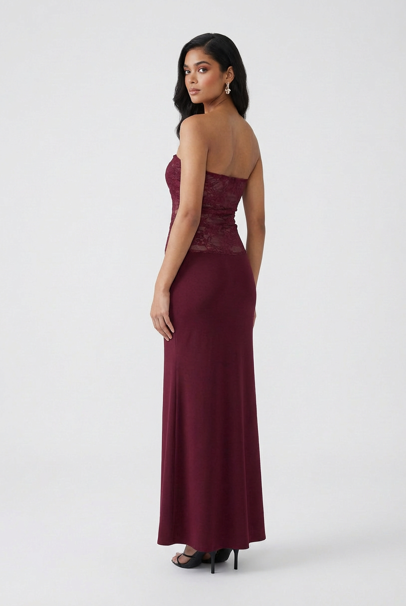 Wine red Victoria lace mermaid wedding dress by Lumina Wear featuring a corset back and elegant lace details.