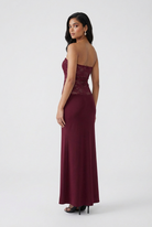 Wine red Victoria lace mermaid wedding dress by Lumina Wear featuring a corset back and elegant lace details.
