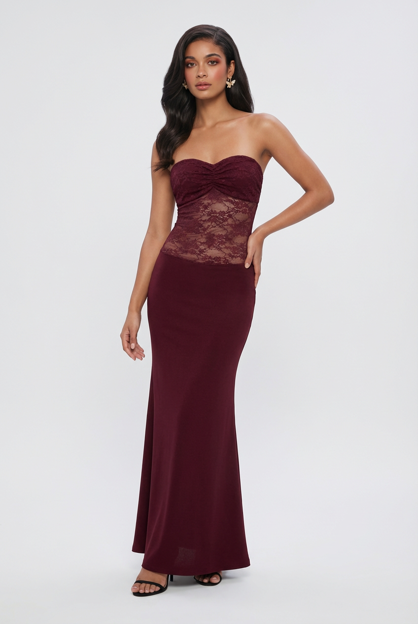 Wine red Victoria lace mermaid wedding dress with corset back by Lumina Wear, showcasing intricate lace details and elegant silhouette.