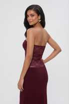 Victoria elegant lace mermaid wedding dress with corset back by Lumina Wear, wine red color, intricate lace details and fitted silhouette.