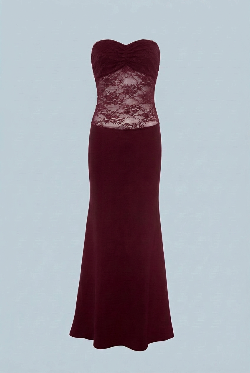 Victoria lace mermaid wedding dress by Lumina Wear featuring a corset back and elegant wine-red lace design.