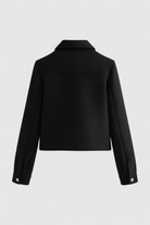 Victoria lightweight black windbreaker jacket by Lumina Wear, showing its flattering fit and sleek design.